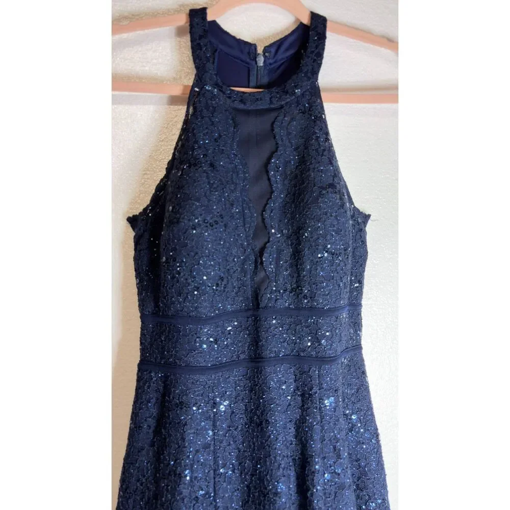 Morgan & Co. Navy Blue Sequin Lace Halter Dress Lined Size 7/8